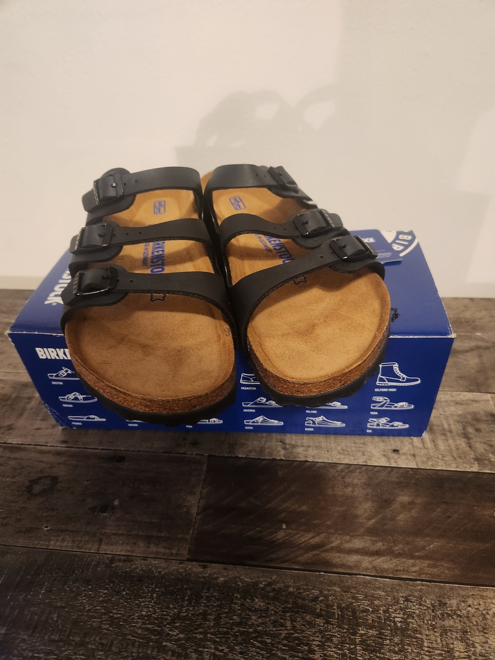 Florida Birkenstocks  Three-Strap Sandal in Black and Tan-NIB